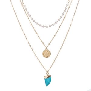 Nwot Liv Oliver Pearl Coin Turquoise Layered Necklace